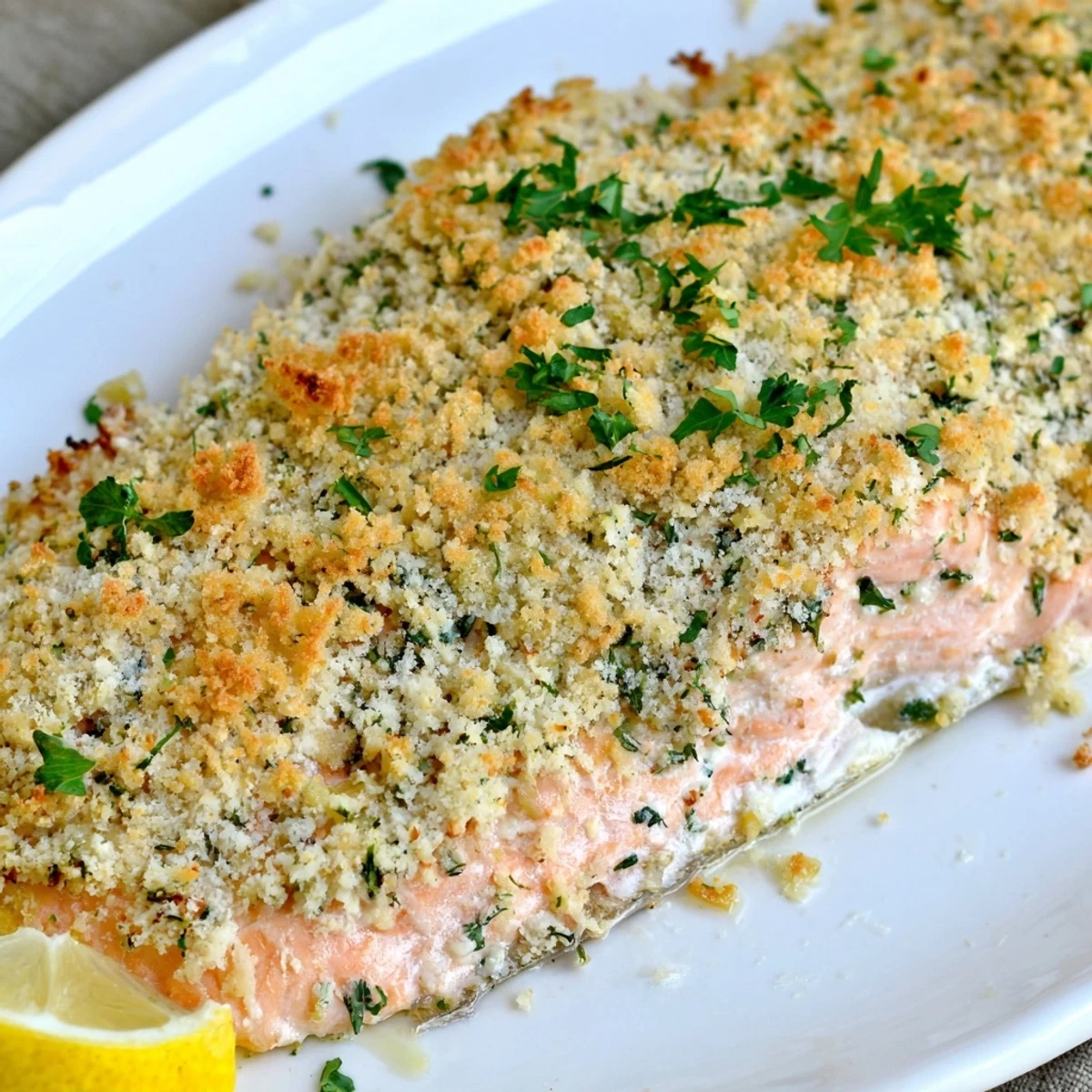 Tender Irresistibly Crispy Parmesan Salmon Bake resting on a sheet pan, flaky fish under a crisp topping.