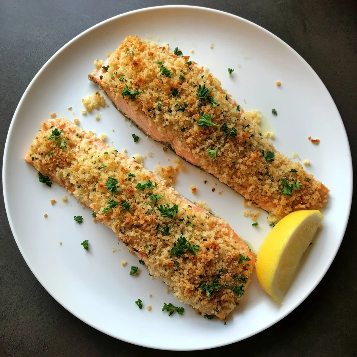 Savory Irresistibly Crispy Parmesan Salmon Bake rests on a baking sheet, its crunchy topping glistening with melted butter and herbs.