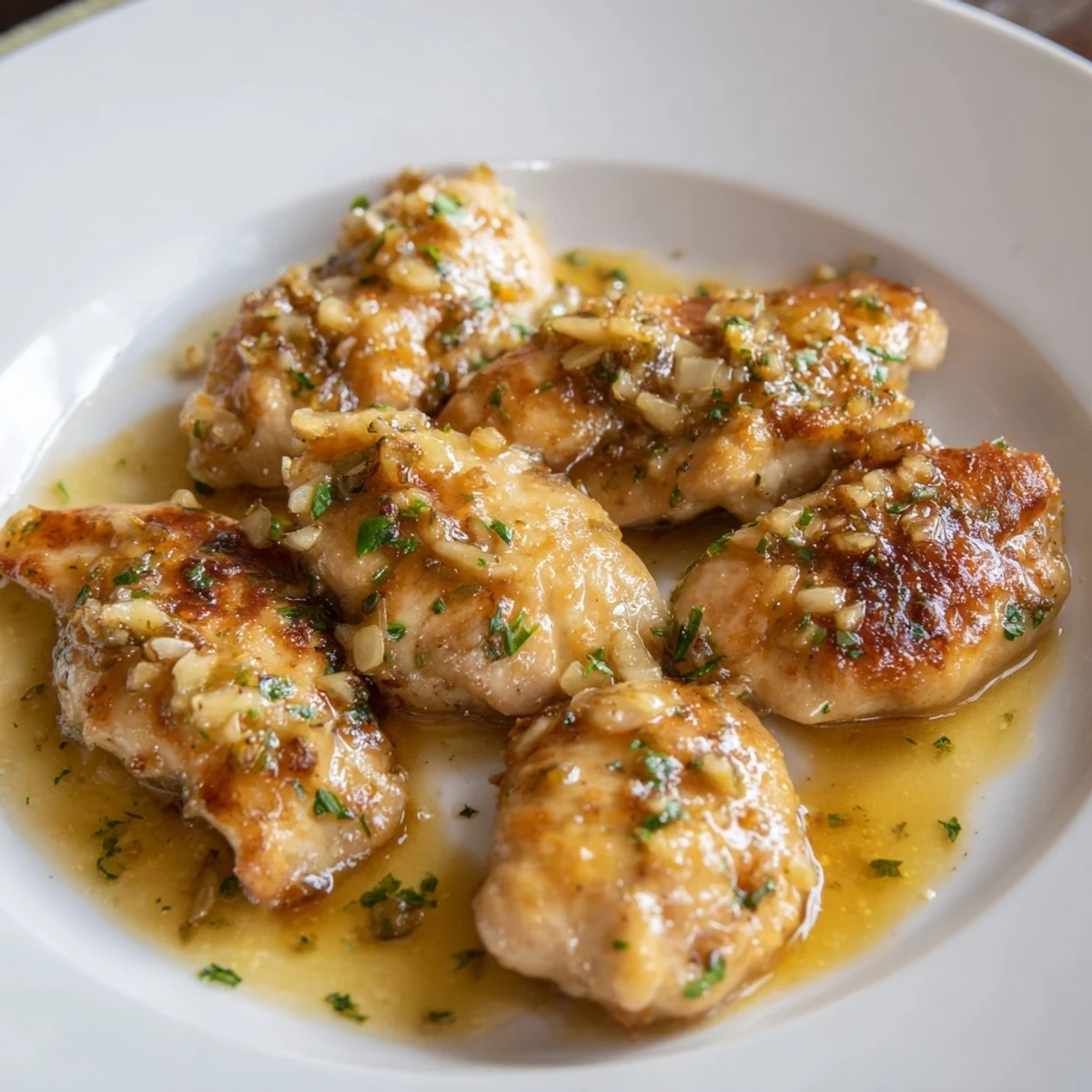 Golden-brown Garlic Butter Chicken breasts simmering in a rich, herb-infused sauce.