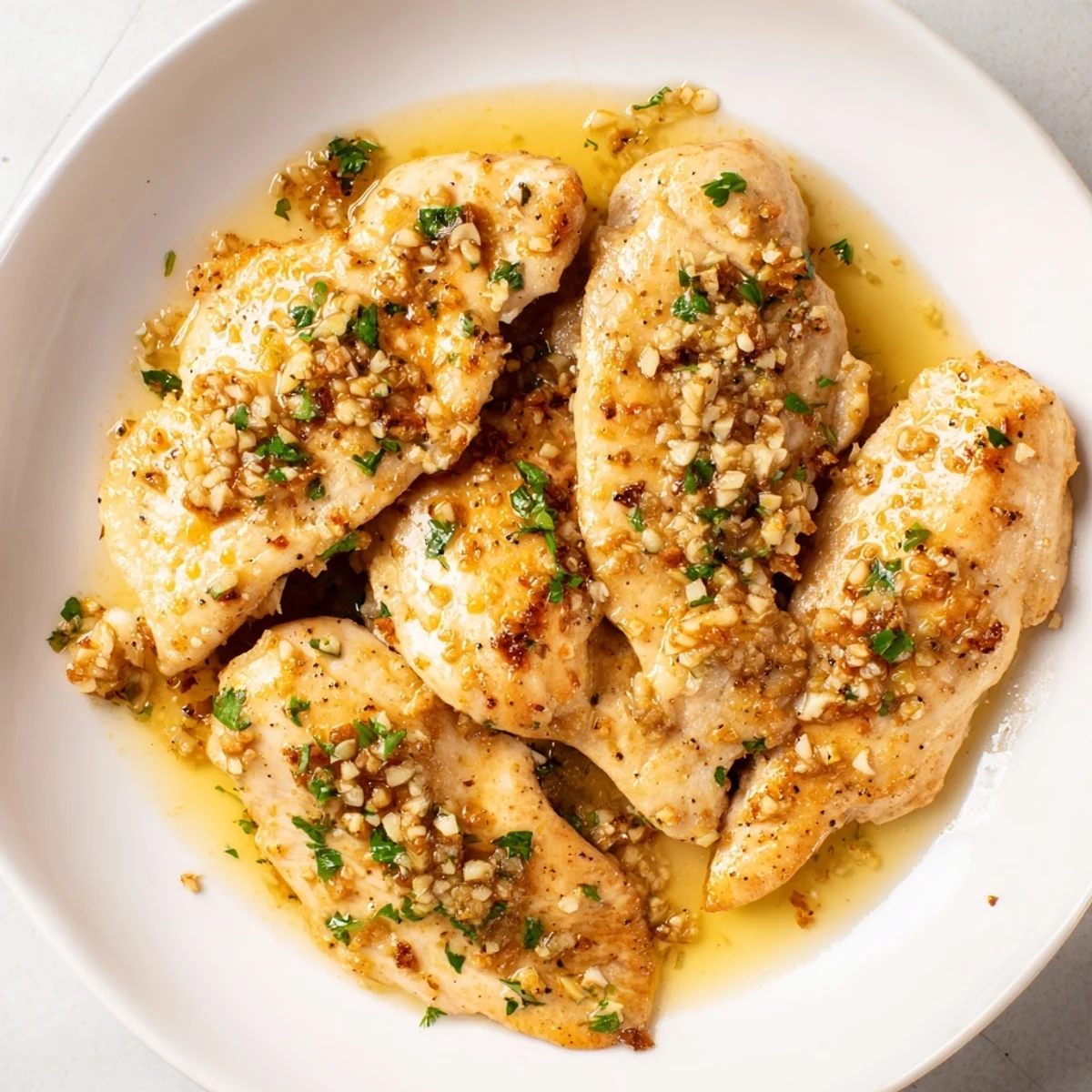 Tender Garlic Butter Chicken served with lemon wedges and fresh parsley garnish.