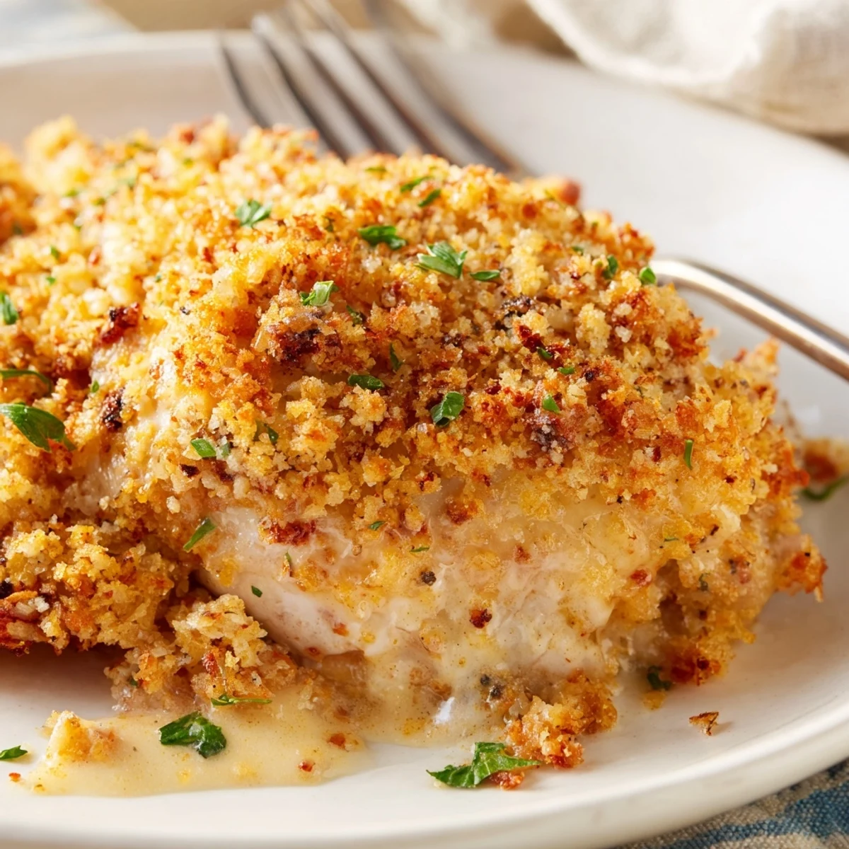 Close-up of tender Melt In Your Mouth chicken breasts with a bubbly, golden cheese topping.