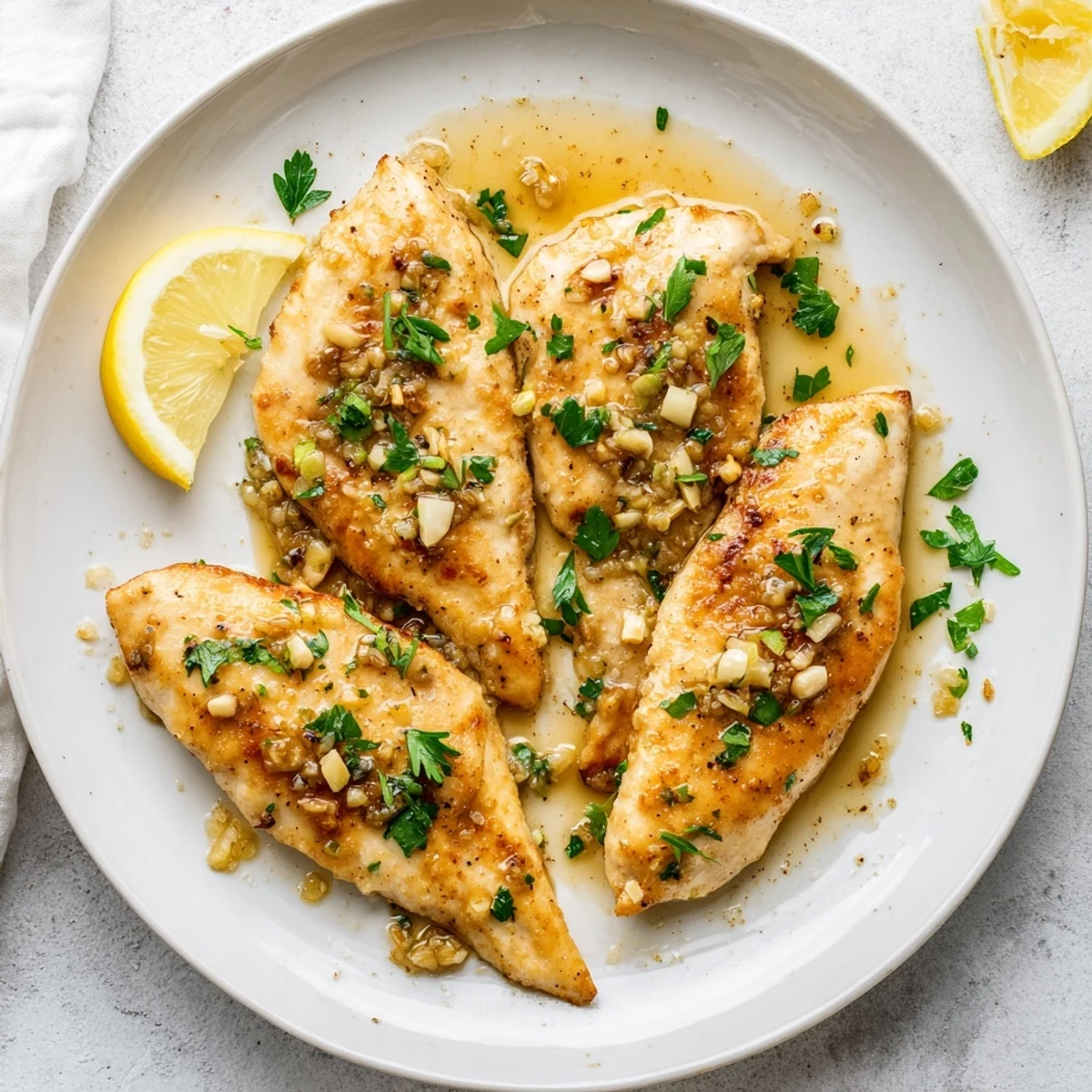 Golden-brown Garlic Butter Chicken breasts glistening in a rich sauce, garnished with fresh parsley and lemon wedges for a quick weeknight dinner.