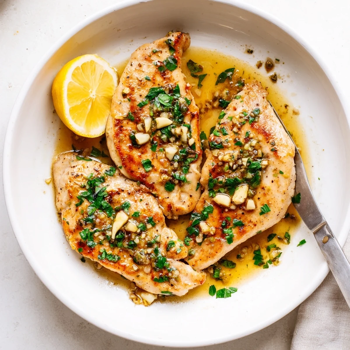 Freshly cooked Garlic Butter Chicken in a skillet with melted butter, minced garlic, and herbs, ready to be served for a family meal.
