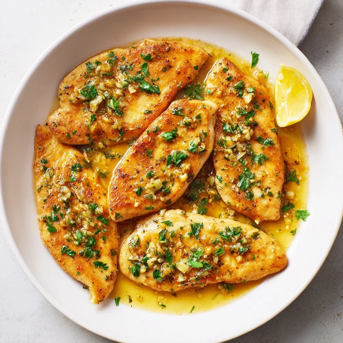 Close-up view of juicy Garlic Butter Chicken served on a white plate with steamed green beans and mashed potatoes, showcasing aromatic garlic butter.