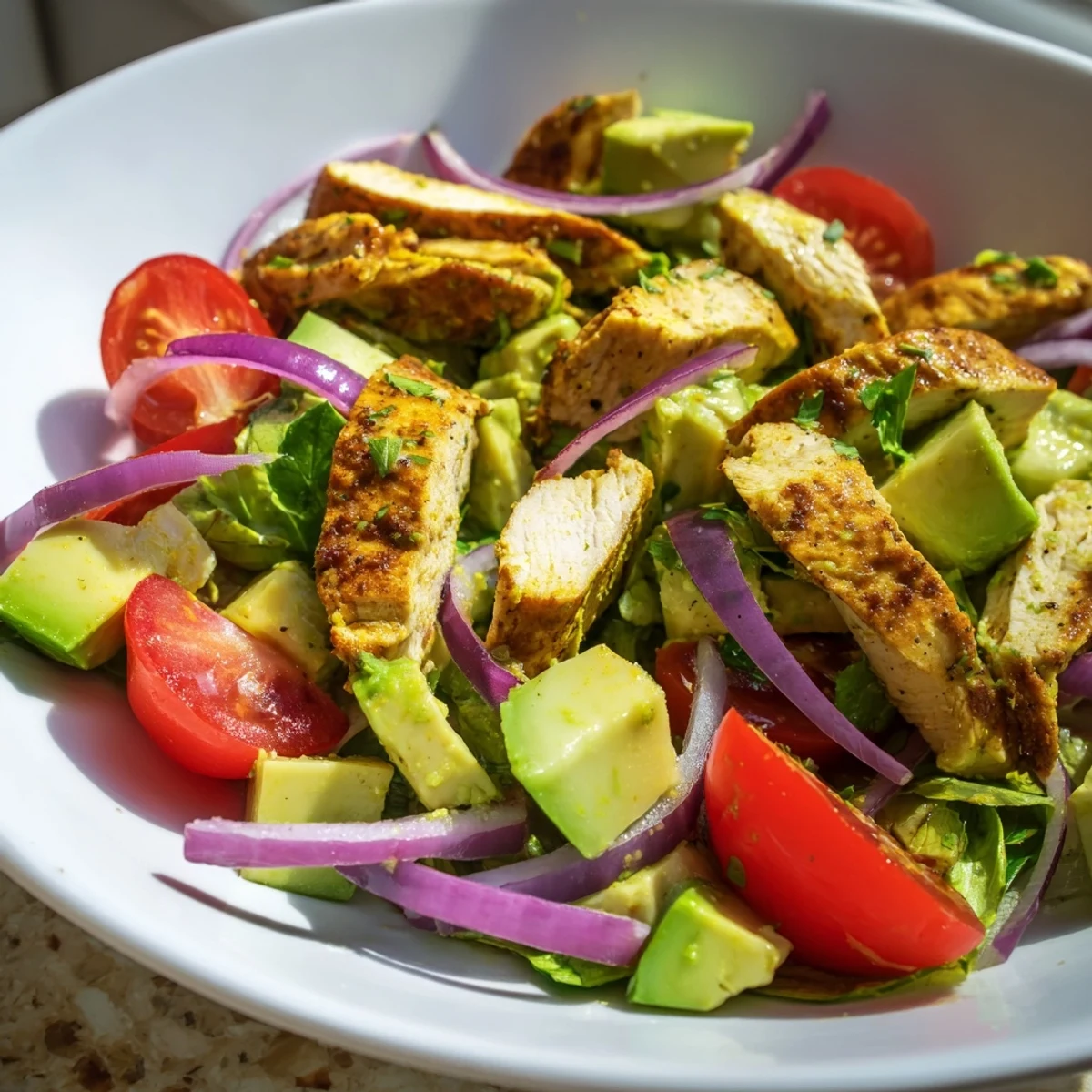A close up of Avocado Chicken Salad showing creamy avocado chunks and fresh salad ingredients ready to serve.
