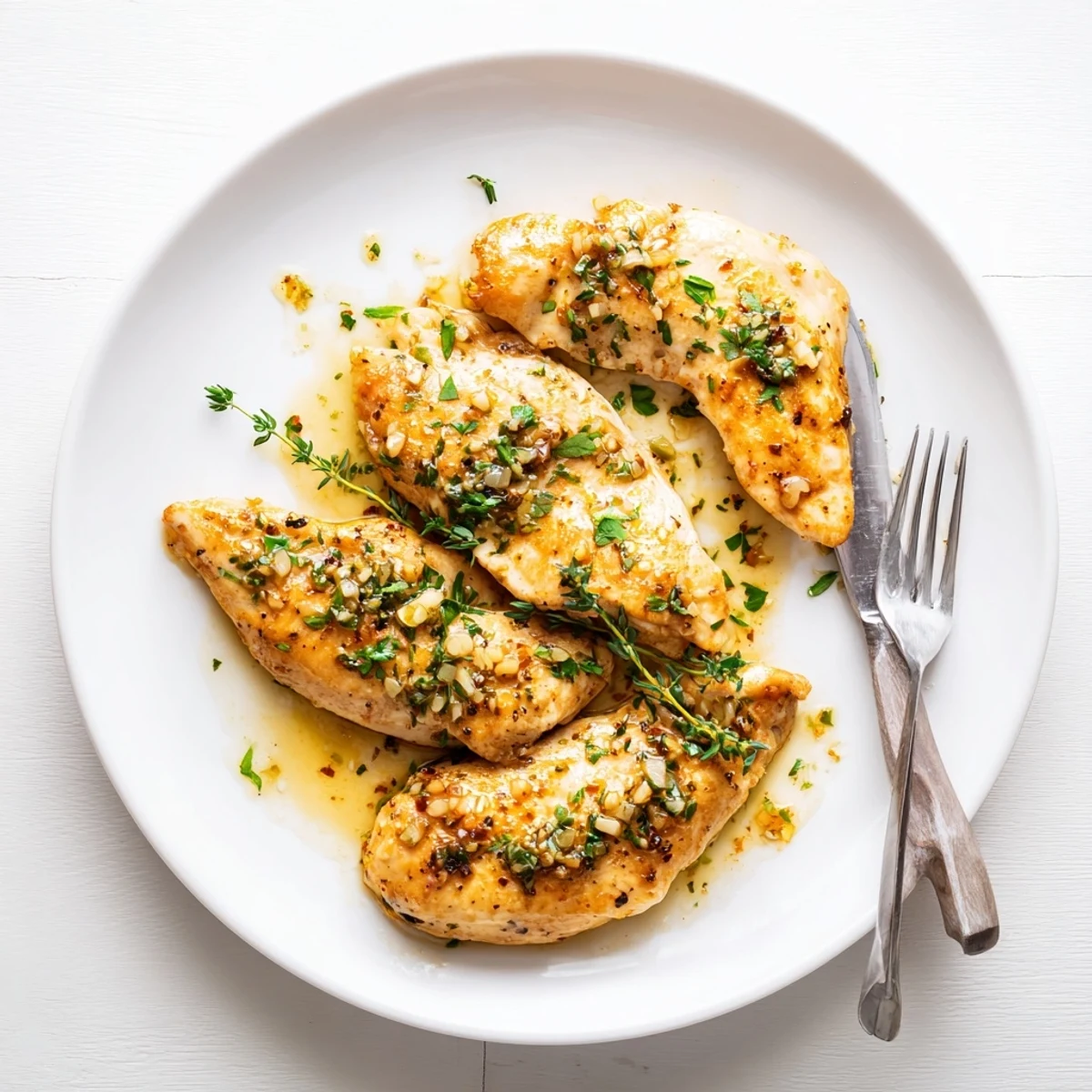 Garlic Butter Chicken served over creamy mashed potatoes with steamed broccoli, drizzled with herb-infused pan sauce for a comforting meal.