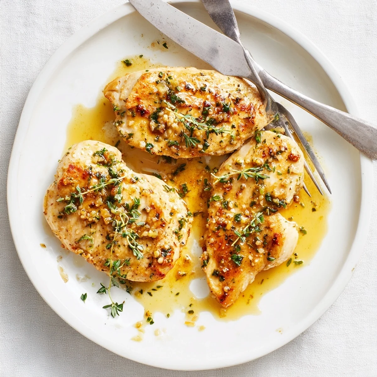 Juicy Garlic Butter Chicken breasts with melted butter and minced garlic, ready to serve alongside rice or roasted vegetables.