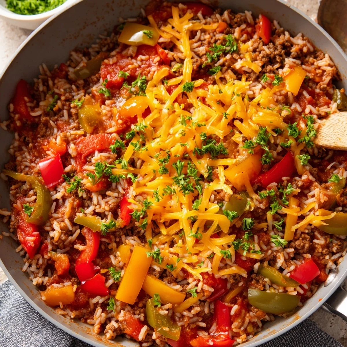 Fork tender peppers and ground beef simmer in a rich tomato sauce for a hearty Unstuffed Pepper Skillet.  