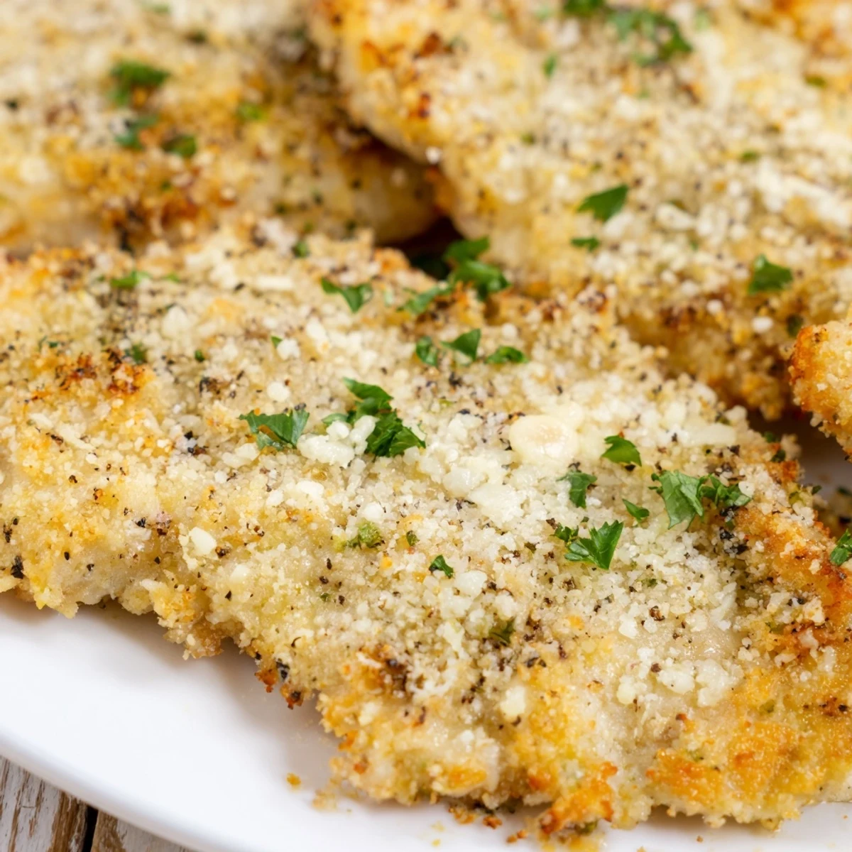 Golden-brown Melt In Your Mouth Chicken breasts in a baking dish with creamy parmesan topping, served with green salad and rice.