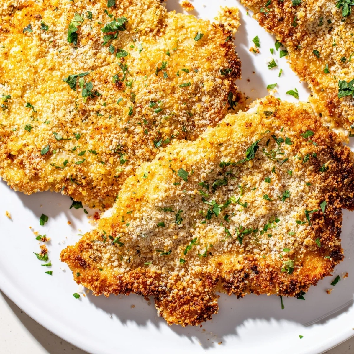 Overhead view of Melt In Your Mouth Chicken with parsley garnish, placed beside wine glass and roasted veggies for a perfect dinner.
