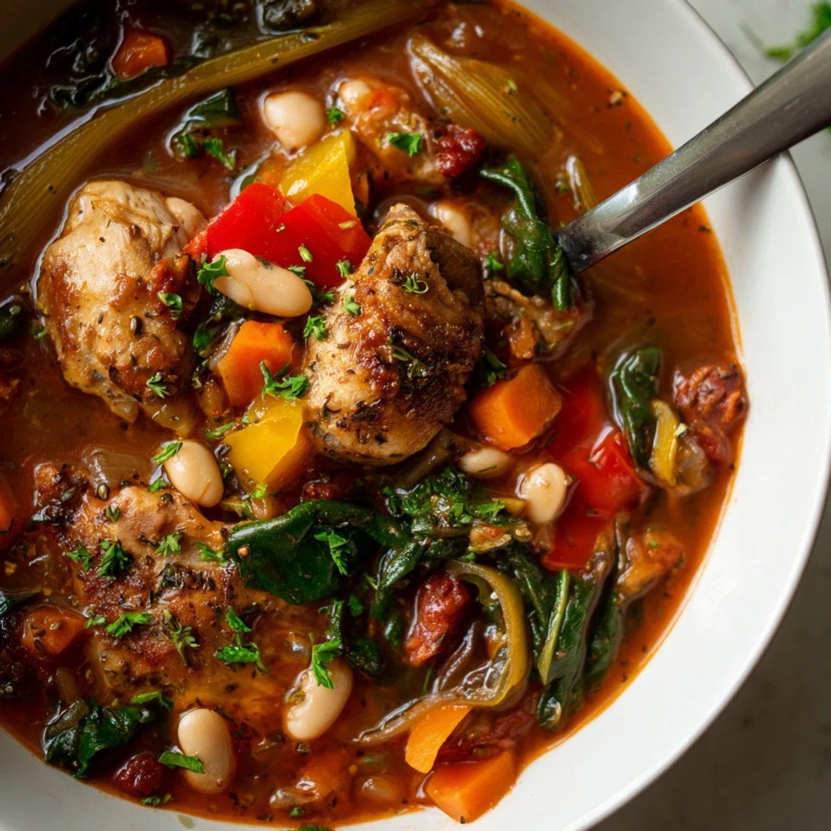 A hearty Tuscan Slow Cooker Chicken Stew with tender chicken, beans, and wilted spinach, steaming beside crusty bread.