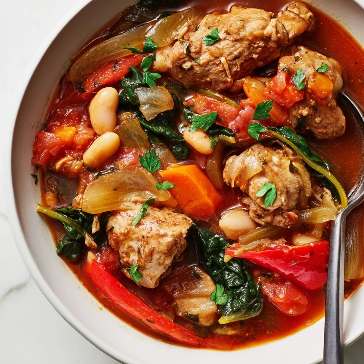 Close-up of Tuscan Slow Cooker Chicken Stew featuring tender chicken thighs, cannellini beans, and vibrant veggies in rich broth.