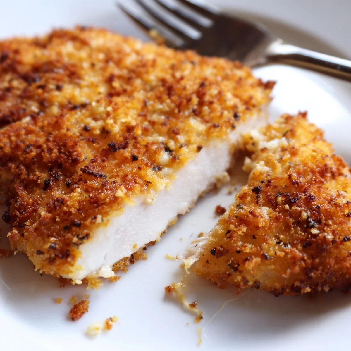 Air fryer parmesan crusted chicken served with fresh lemon wedges and a crisp green salad for dinner.