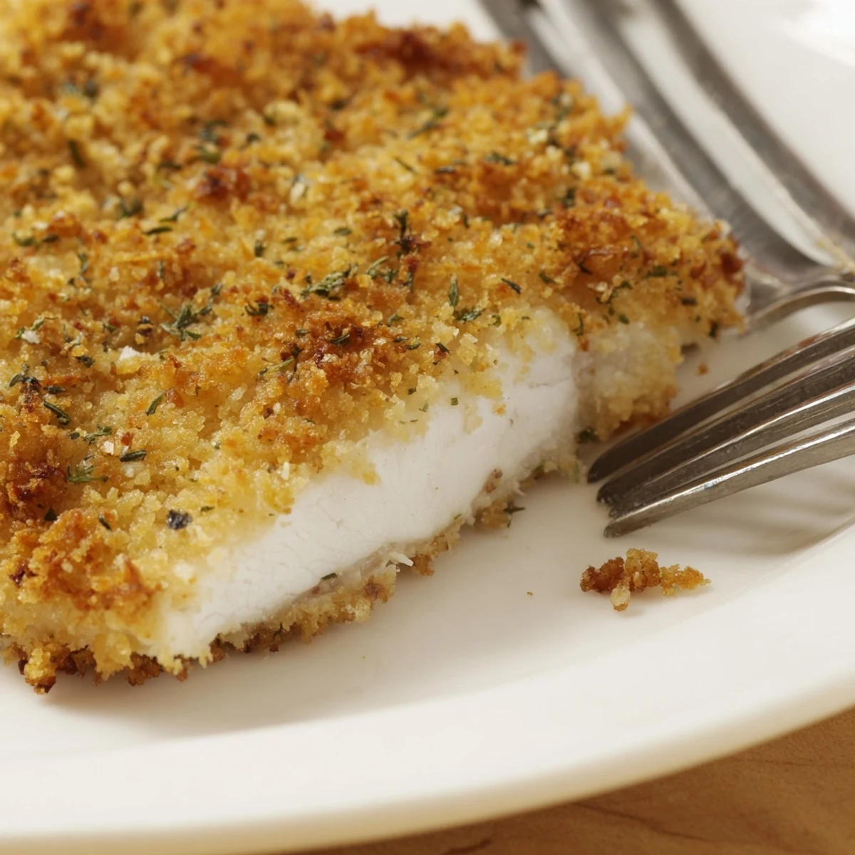 Golden brown air fryer parmesan crusted chicken sliced to reveal juicy, tender meat on a rustic wooden plate.