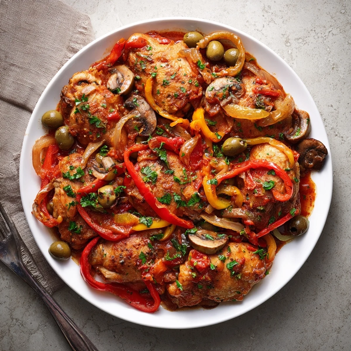 Slow Cooker Chicken Cacciatore served over creamy polenta in a rustic ceramic bowl.