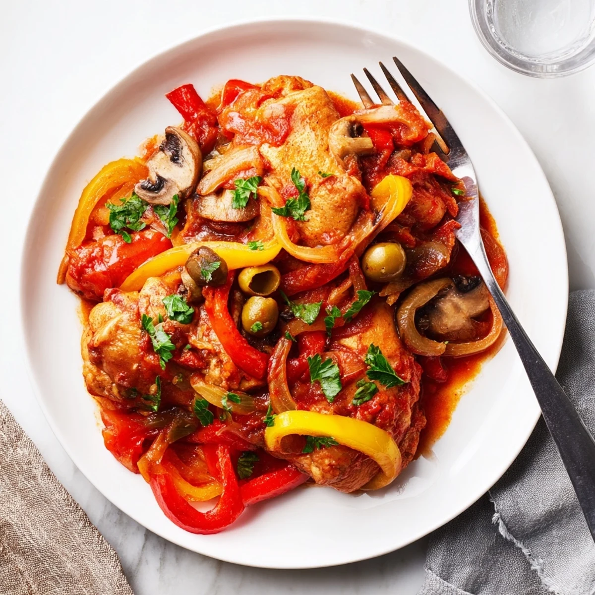 A hearty plate of Slow Cooker Chicken Cacciatore with crusty bread for dipping.