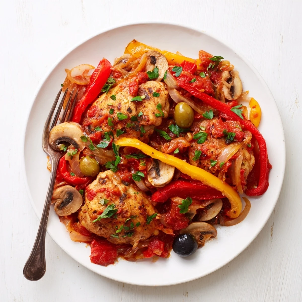 Tender chicken pieces in a rich Slow Cooker Chicken Cacciatore sauce with herbs.