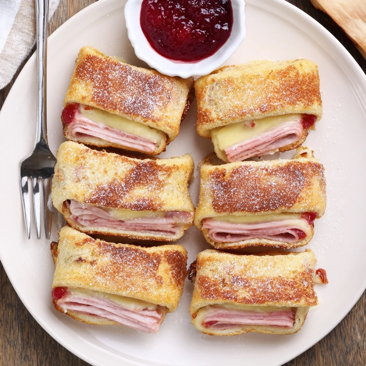 Four savory Monte Cristo Roll Ups arranged on a brunch plate beside fresh berries and a cup of coffee.