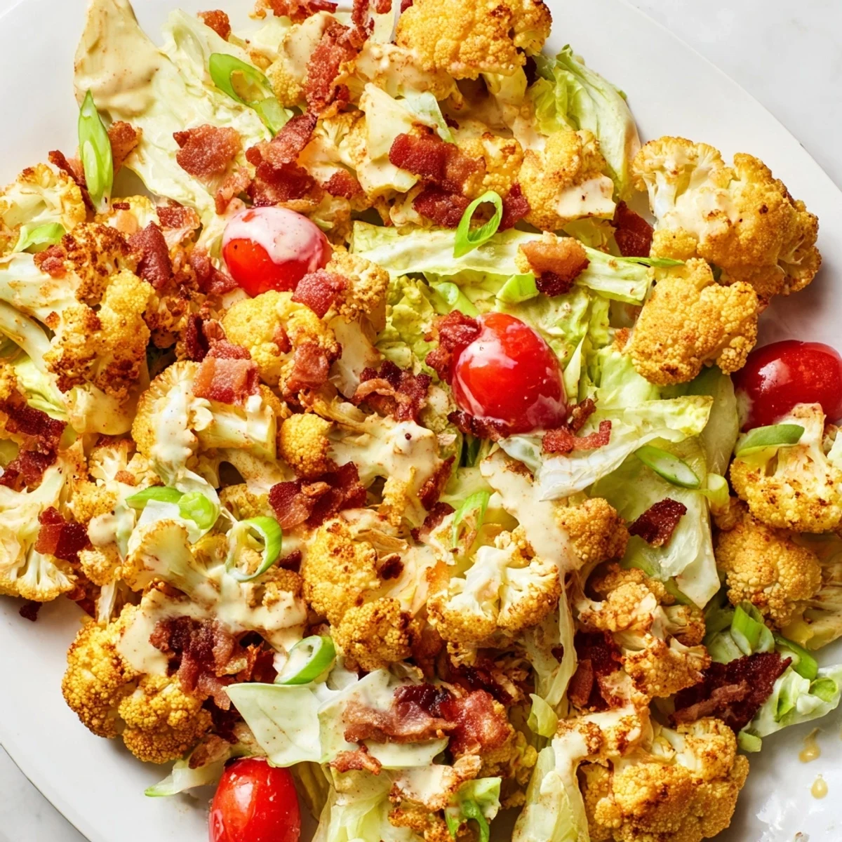 Roasted cauliflower florets, crispy bacon bits, and juicy cherry tomatoes in the BLT Cauliflower Salad