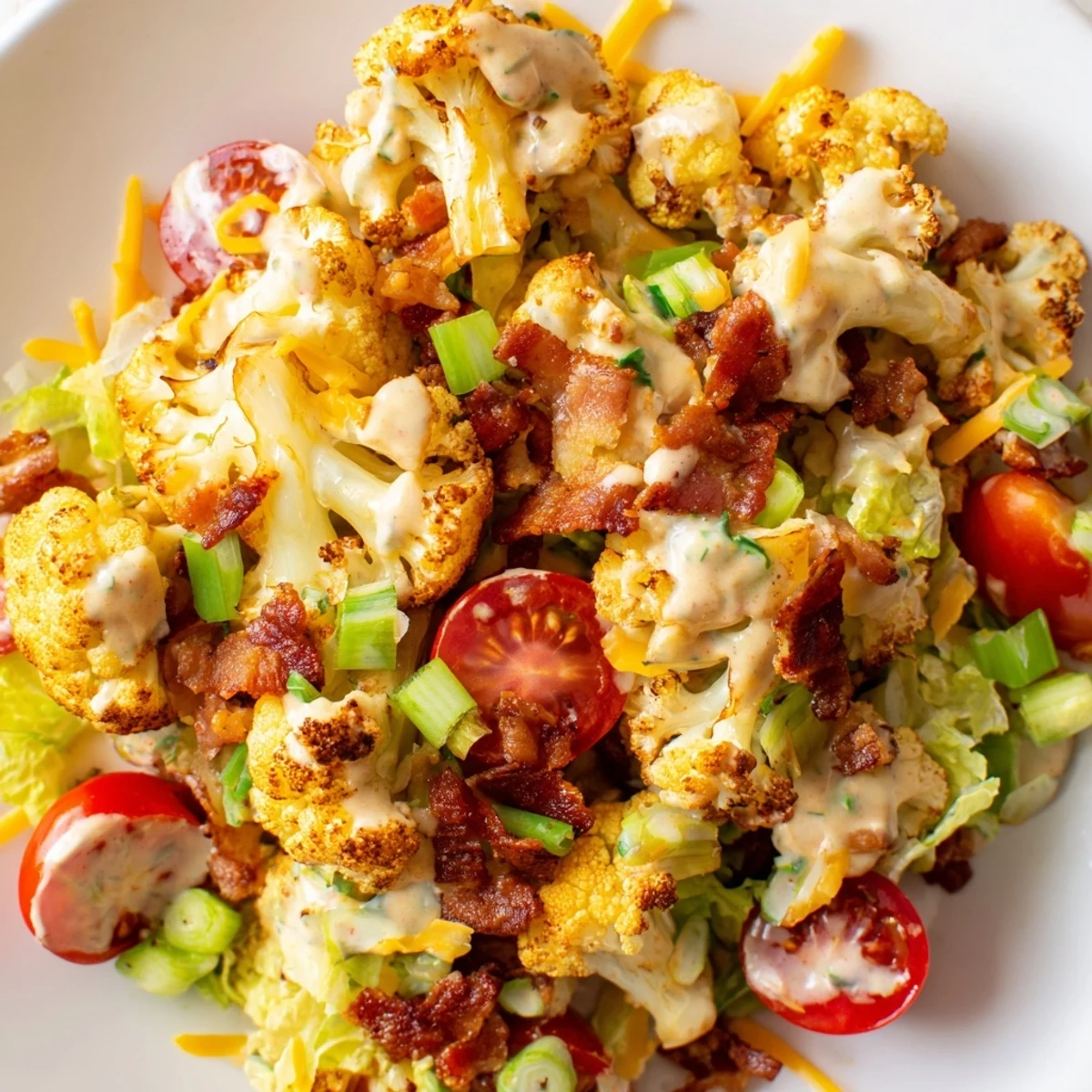 A close-up of BLT Cauliflower Salad with creamy dressing, green onions, and chopped romaine lettuce