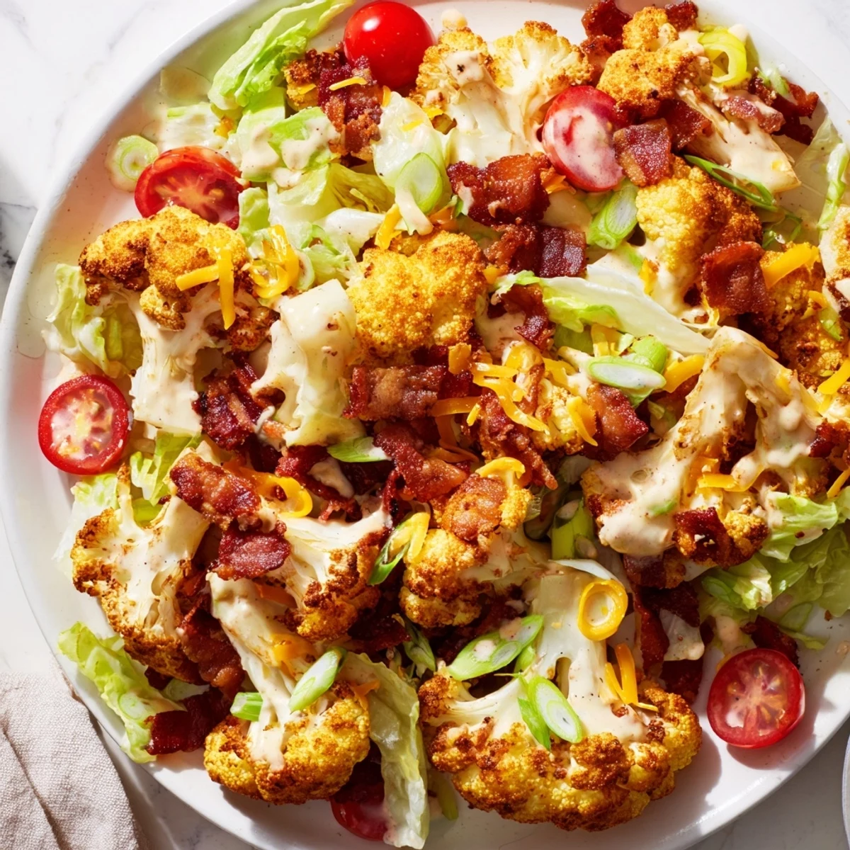 Hearty BLT Cauliflower Salad served in a white bowl, ideal for picnics, lunches, or light dinners