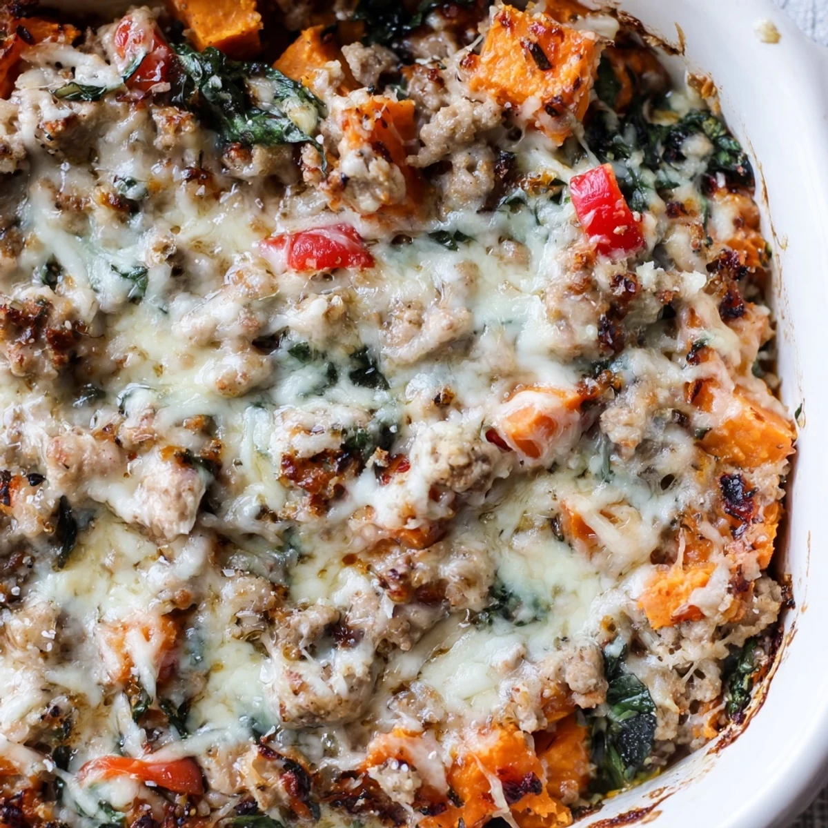 Golden-brown Ground Turkey Sweet Potato Bake with melted mozzarella and Parmesan, served hot from the oven in a baking dish.