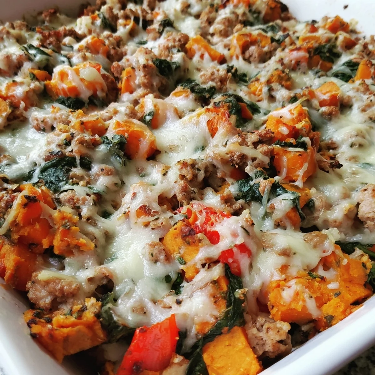 Healthy Ground Turkey Sweet Potato Bake topped with golden cheese, ready to serve with a fresh green salad on the side.