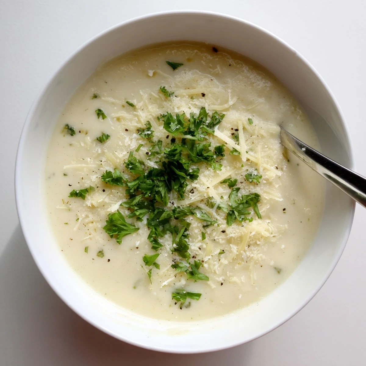 A spoon dips into the golden roasted cauliflower soup with melted Asiago cheese melting.  