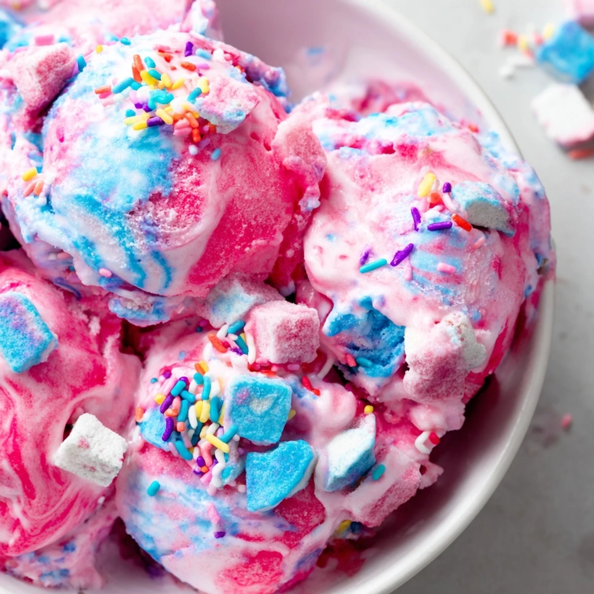 Vibrant pink No Churn Bubblegum Ice Cream scoops in a bowl topped with rainbow sprinkles and candy pieces.  