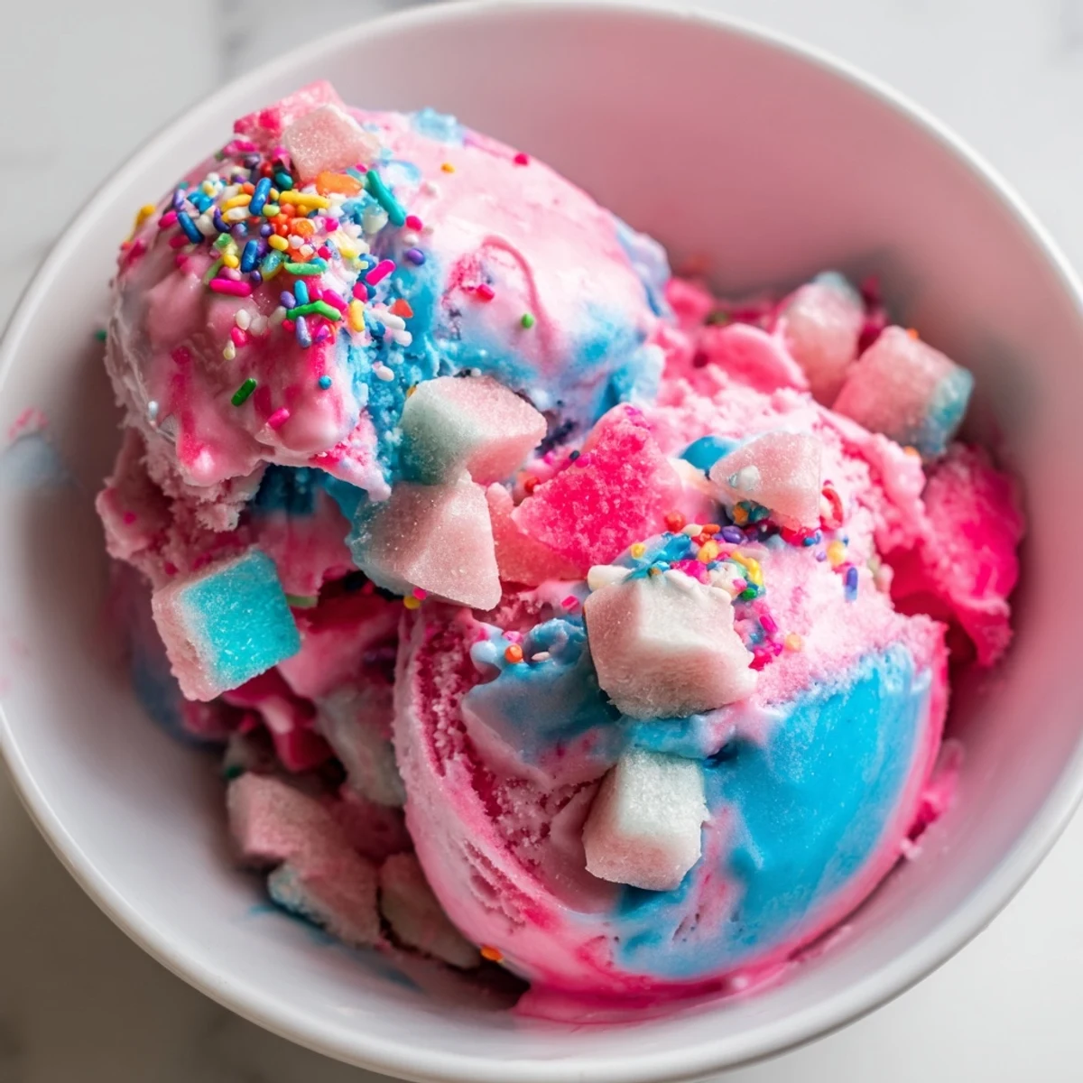 Close-up view of creamy No Churn Bubblegum Ice Cream being scooped from a chilled freezer container.  