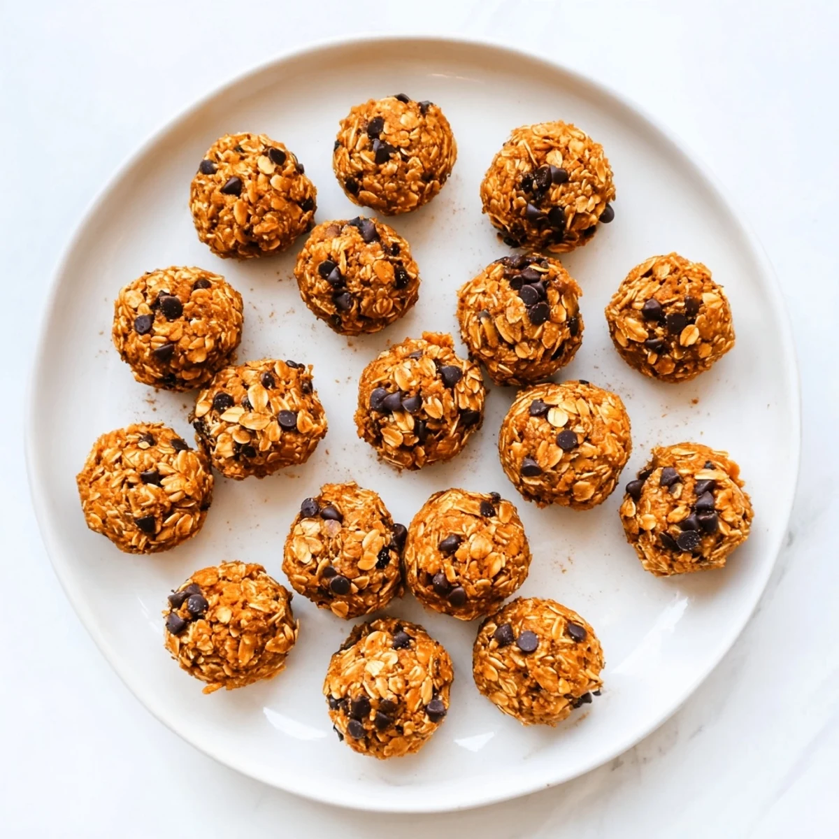 Soft No Bake High Protein Pumpkin Bites sit on a marble countertop, perfect for a post-workout autumn snack.