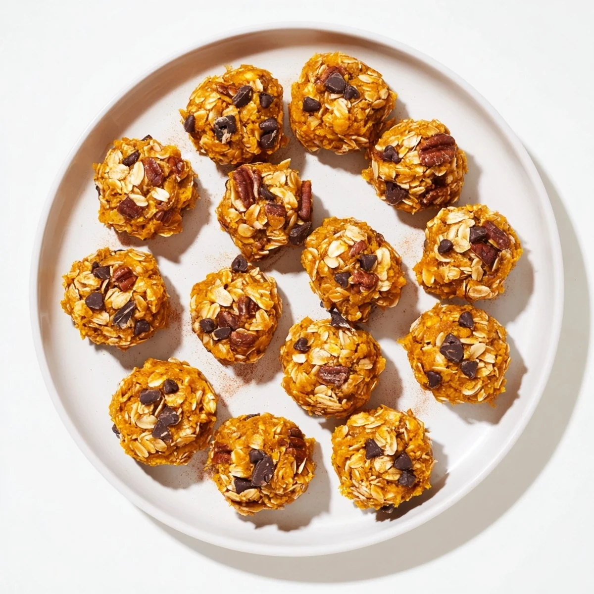 A close-up view shows moist No Bake High Protein Pumpkin Bites coated in chocolate chips on a rustic plate.