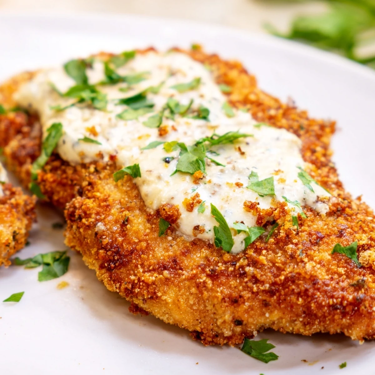 Juicy chicken breast topped with a crispy, melted provolone and Parmesan crust, served alongside mashed potatoes and steamed vegetables.