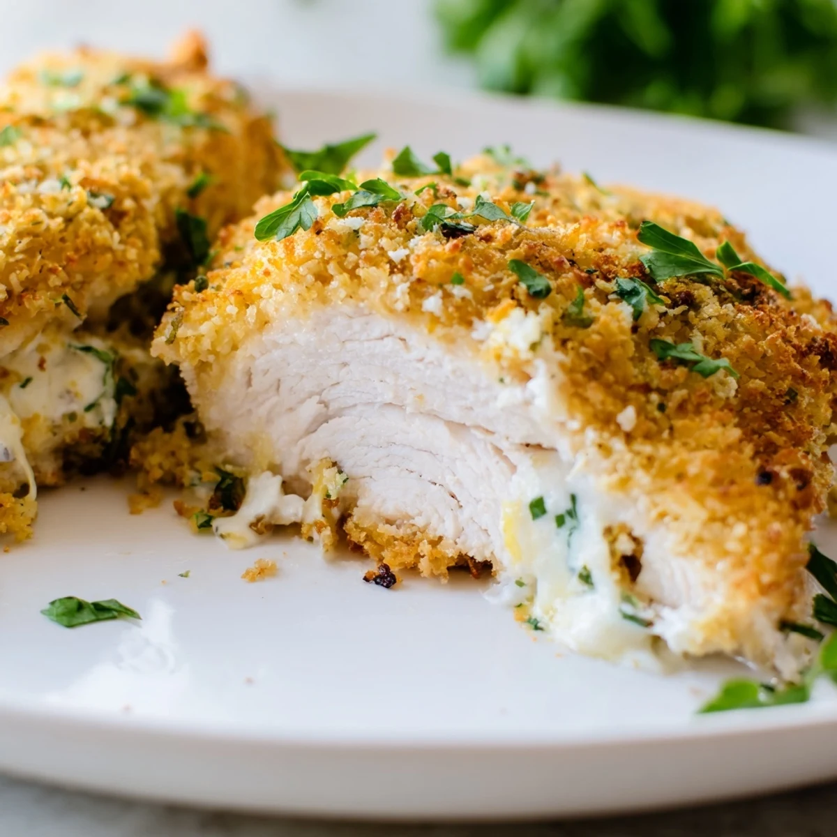 Sizzling, freshly baked Longhorn Steakhouse Parmesan Crusted Chicken with a golden, crunchy topping and a drizzle of creamy ranch sauce.