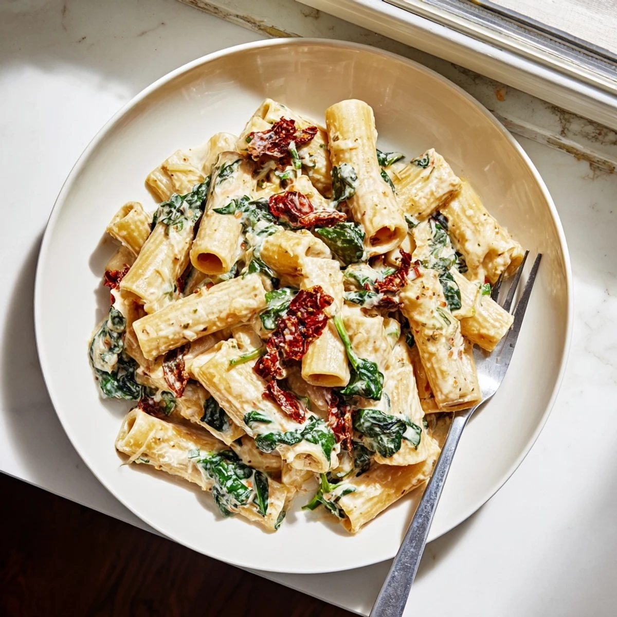 A bowl of Creamy Tuscan Garlic Sauce served over fettuccine pasta with crusty bread on the side for dipping.