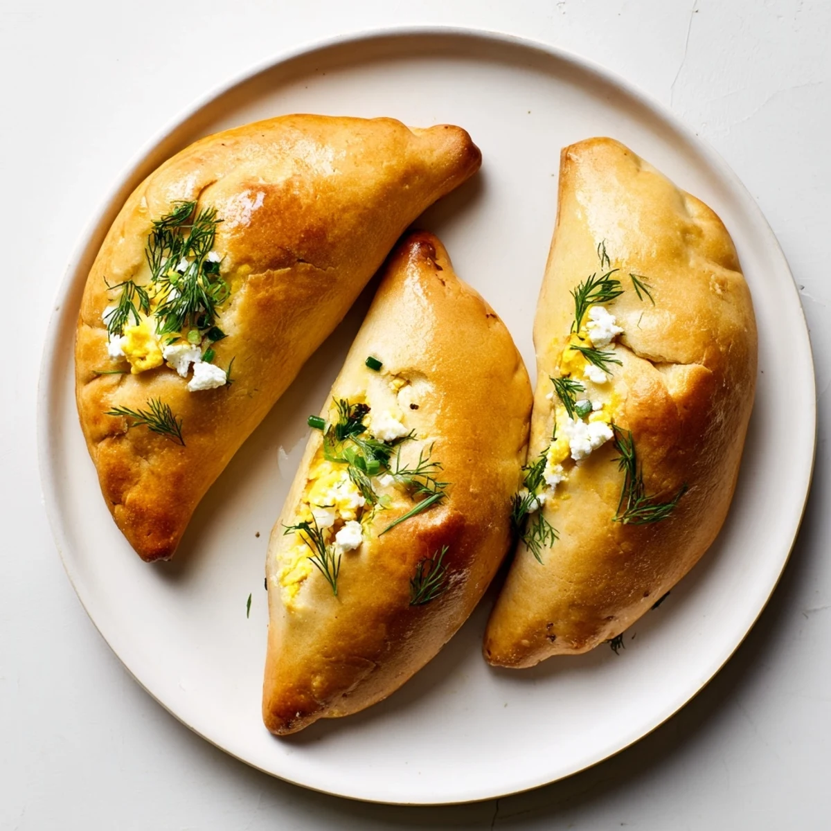 Flaky, hand-folded Cheesy Egg and Cheese Piroshki on a rustic plate garnished with fresh dill and green onions.