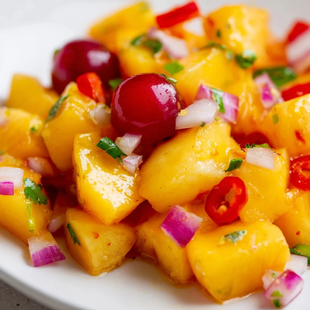 A bowl of Healthy Peach Cherry Salsa featuring diced peaches, sweet cherries, red onion, and fresh cilantro with lime juice.