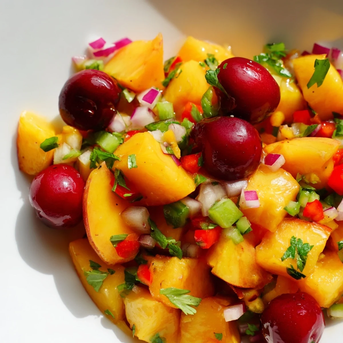 Serving suggestion for Healthy Peach Cherry Salsa with tortilla chips on a wooden board, vibrant colors and fresh summer flavors.