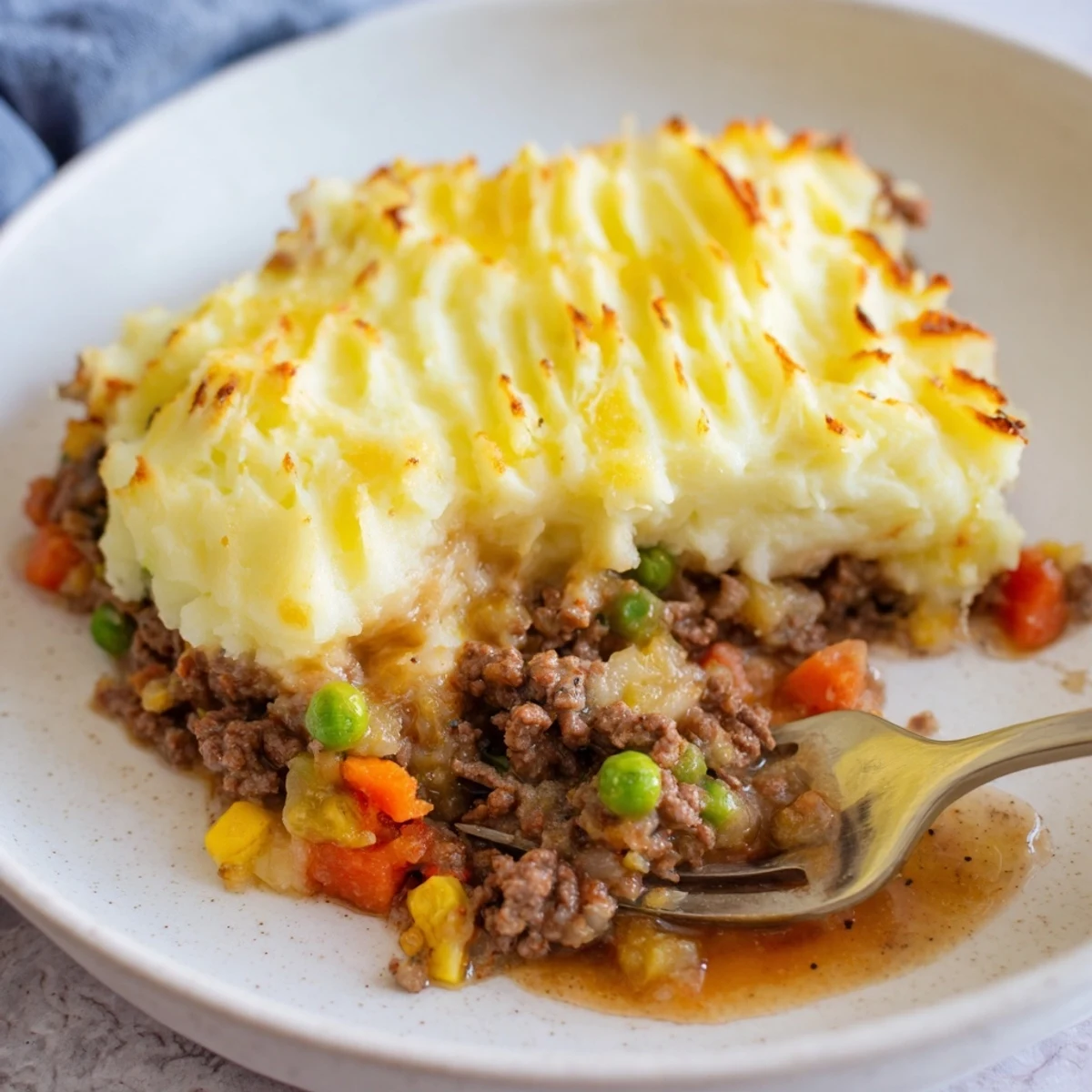 Ridged mashed potato topping of Easy Shepherds Pie emerging golden from the oven with a rich beef and pea filling.