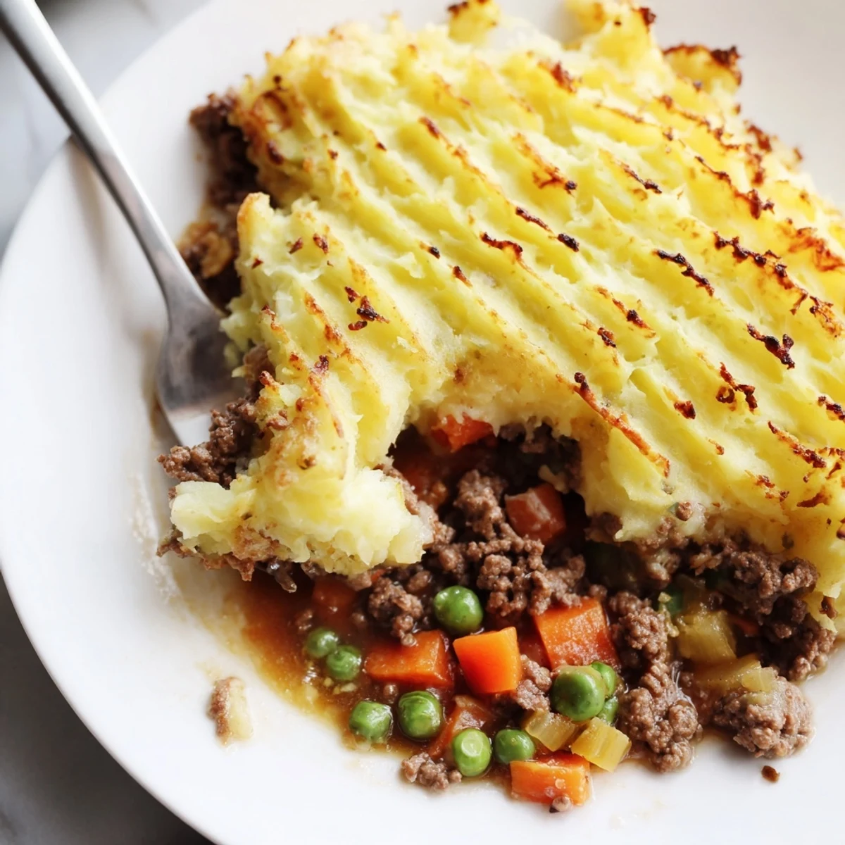 Serving suggestion for Easy Shepherds Pie with a hearty scoop on a plate next to fresh green salad.