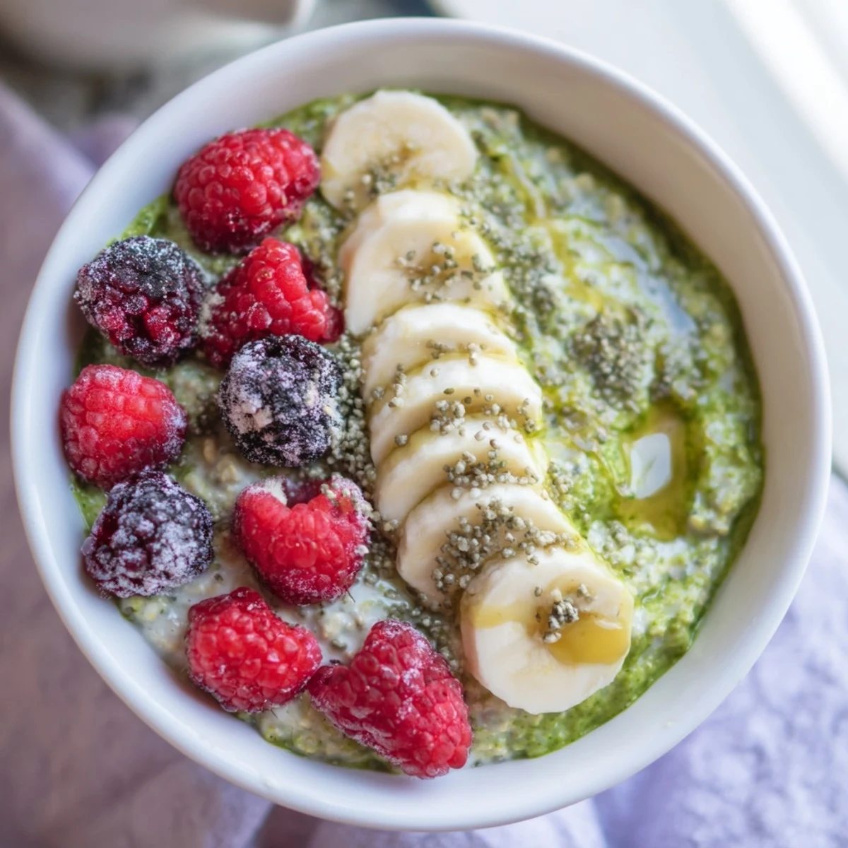 Creamy green matcha protein overnight oats topped with fresh berries and sliced banana in a clear jar.