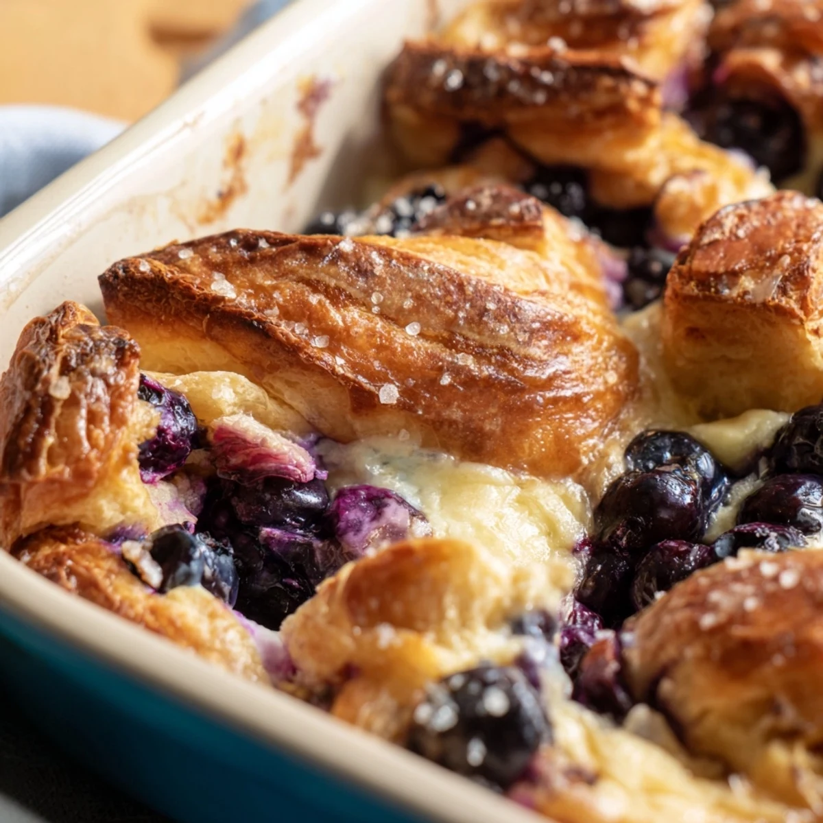 The finished Blueberry Cream Cheese Croissant Casserole emerges from the oven with a golden brown, buttery crust, revealing bubbling blueberries and creamy pockets inside.