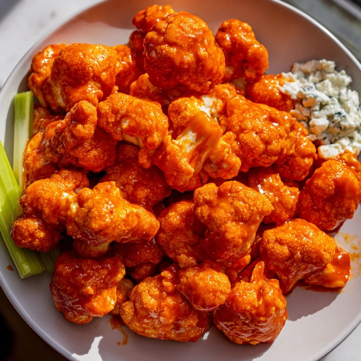 Golden air fryer buffalo cauliflower bites sit beside cool ranch dip, ready to enjoy as a spicy vegetarian appetizer.
