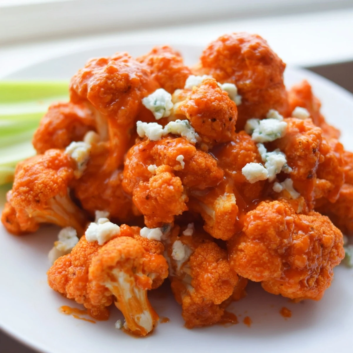Freshly cooked air fryer buffalo cauliflower glistens with tangy sauce, served with celery and blue cheese for game day.