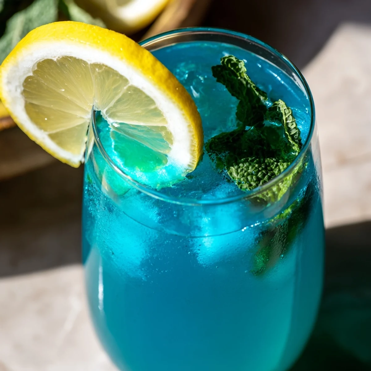 A tall glass of Blue Spirulina Lemonade filled with ice, mint, and lemon slices.
