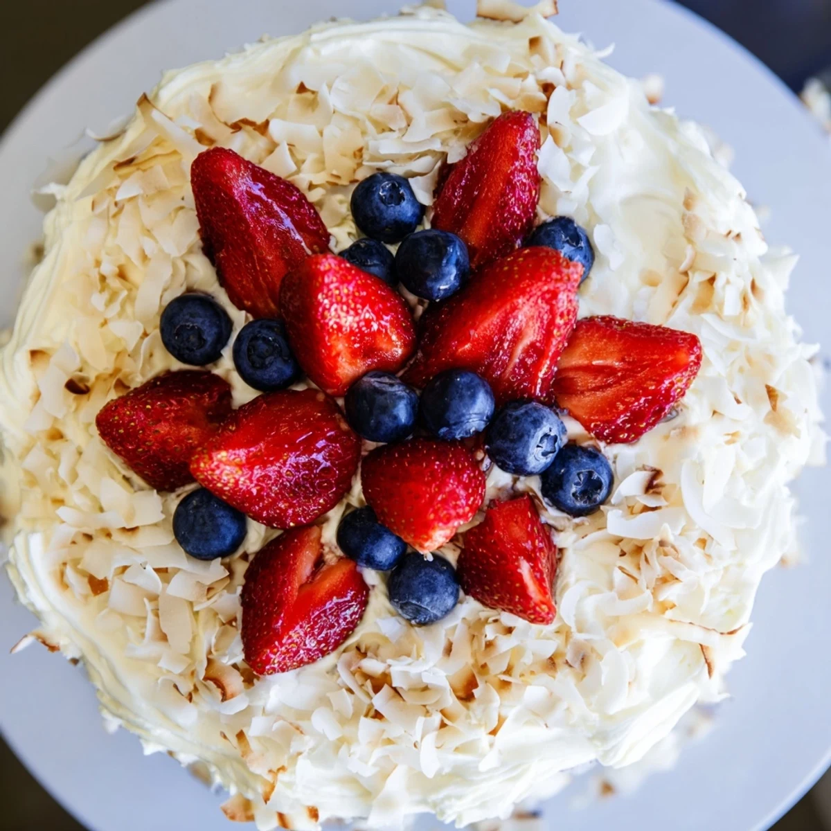 Fluffy layers of Pineapple Coconut God Bless America Cake with cream cheese frosting and fresh berries.