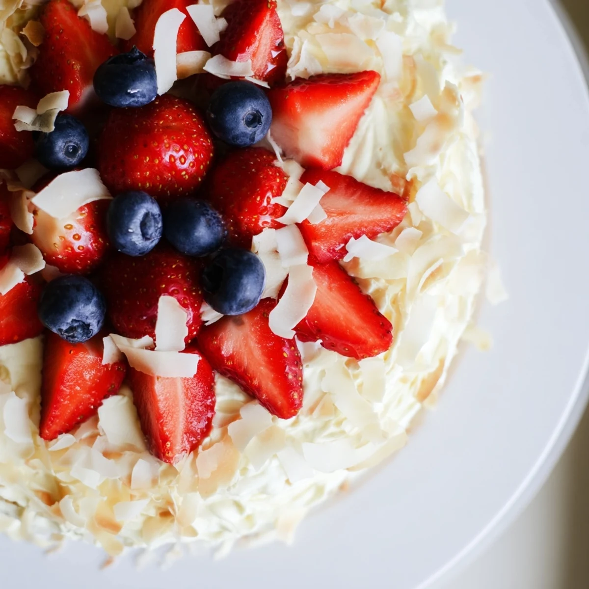 Festive Pineapple Coconut God Bless America Cake slice with tropical flavors and patriotic red, white, blue.