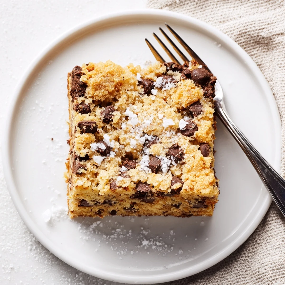 A slice of moist Chocolate Chip Cake with melting chocolate chips on a white plate, next to a cup of coffee.