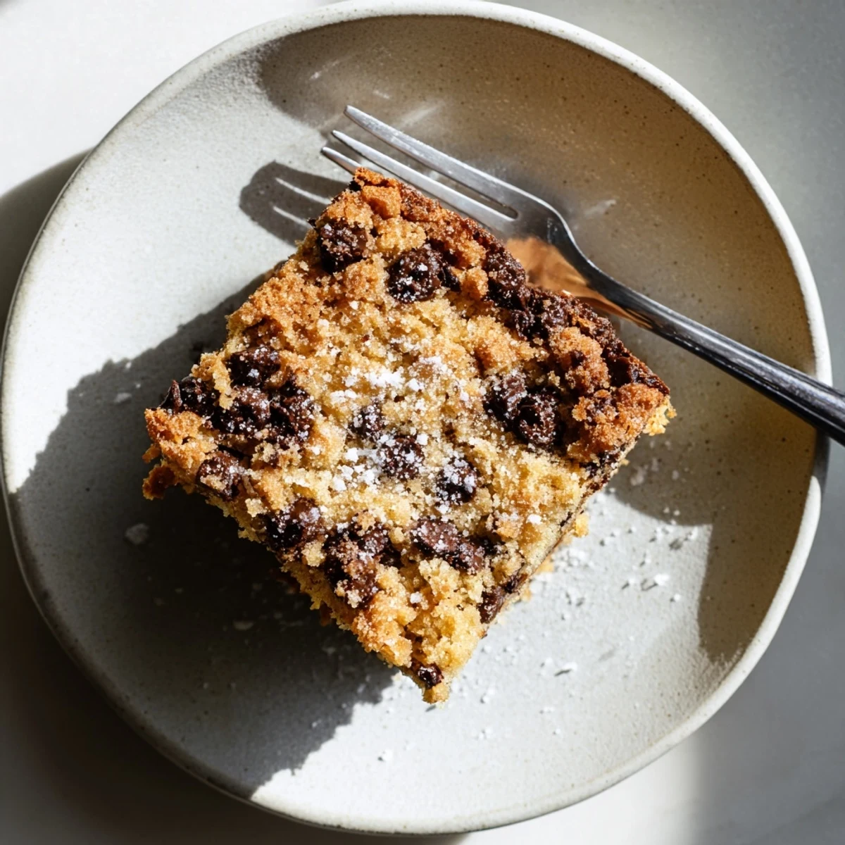 A freshly baked Chocolate Chip Cake with golden brown edges and scattered chocolate chips on top.