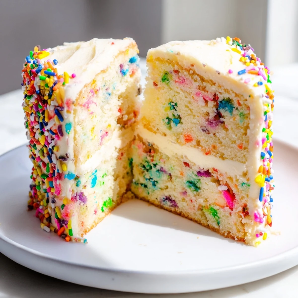 A frosted Gluten-Free Funfetti Birthday Cake shows moist layers studded with festive sprinkles, ready for a celebratory American gathering.